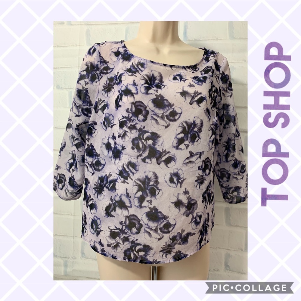 TOPSHOP Split Back Sheer Purple Floral Top {Sz 2}